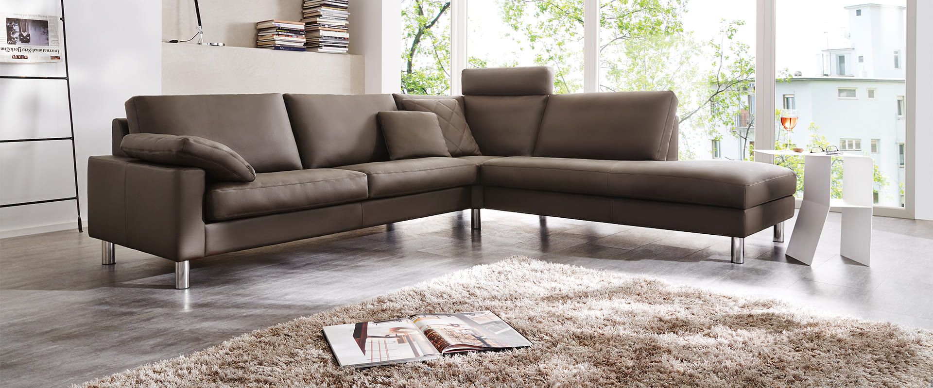 Modernes, braunes Ledersofa in einem hellen Wohnbereich mit großer Fensterfront